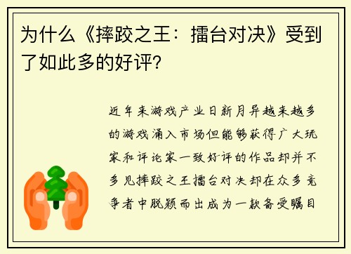 为什么《摔跤之王：擂台对决》受到了如此多的好评？